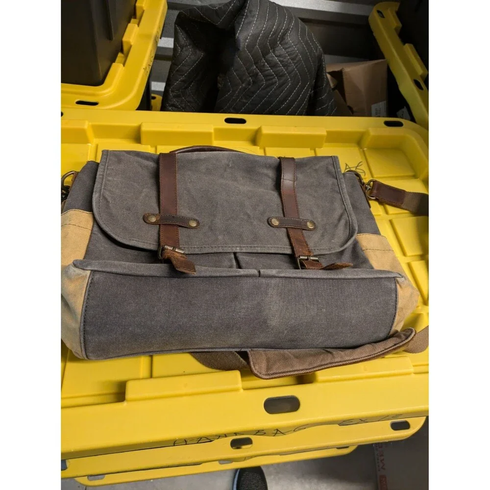 Messenger Bag Gray Canvas Brown Leather Satchel Cross Body Shoulder